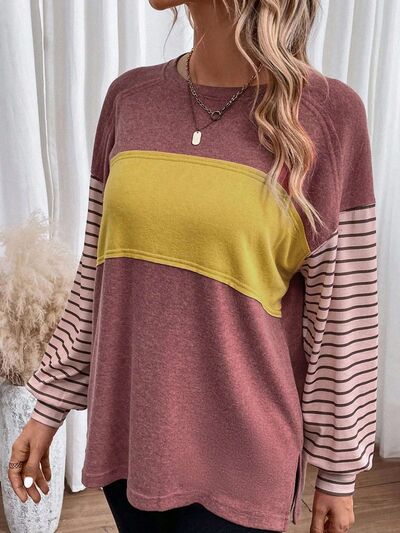 swvws Round Neck Striped Long Sleeve Slit T-Shirt