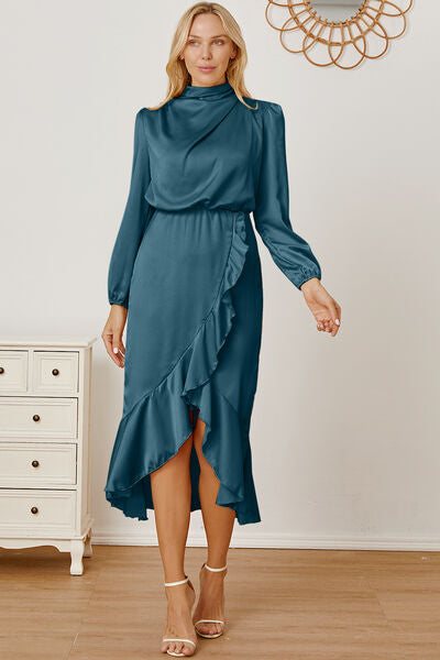 swvws Mock Neck Ruffled Asymmetrical Dress