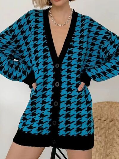 swvws Houndstooth Button Up Long Sleeve Cardigan