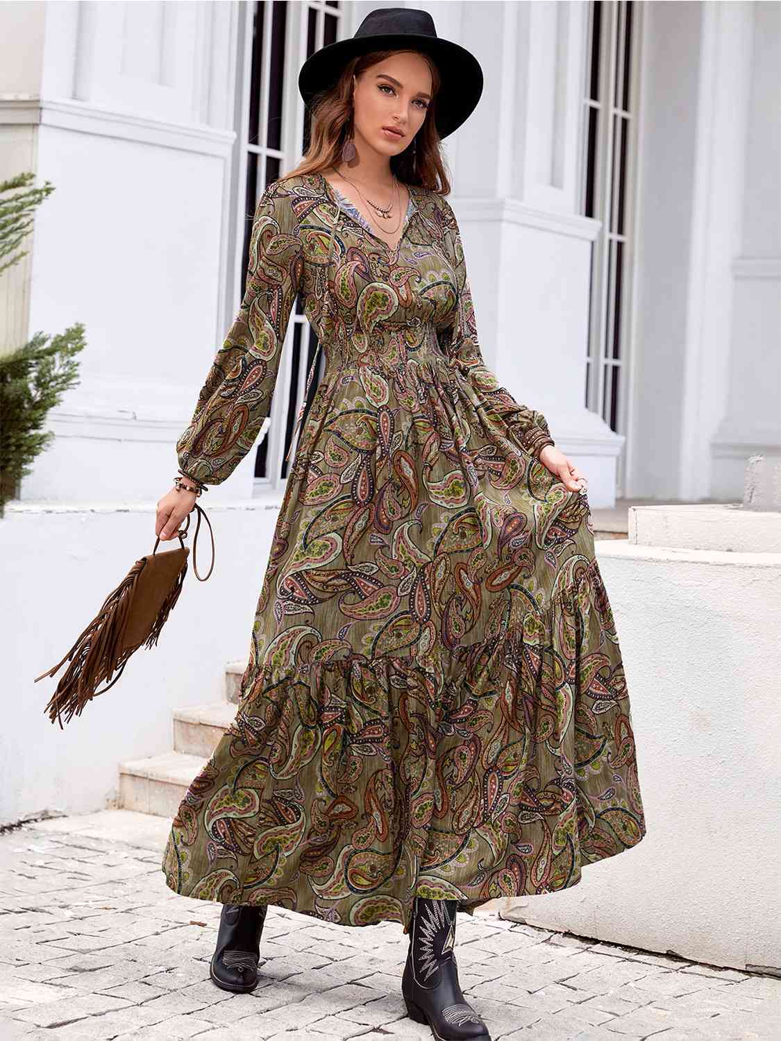 swvws Printed Tie Neck Ruffle Hem Long Sleeve Dress