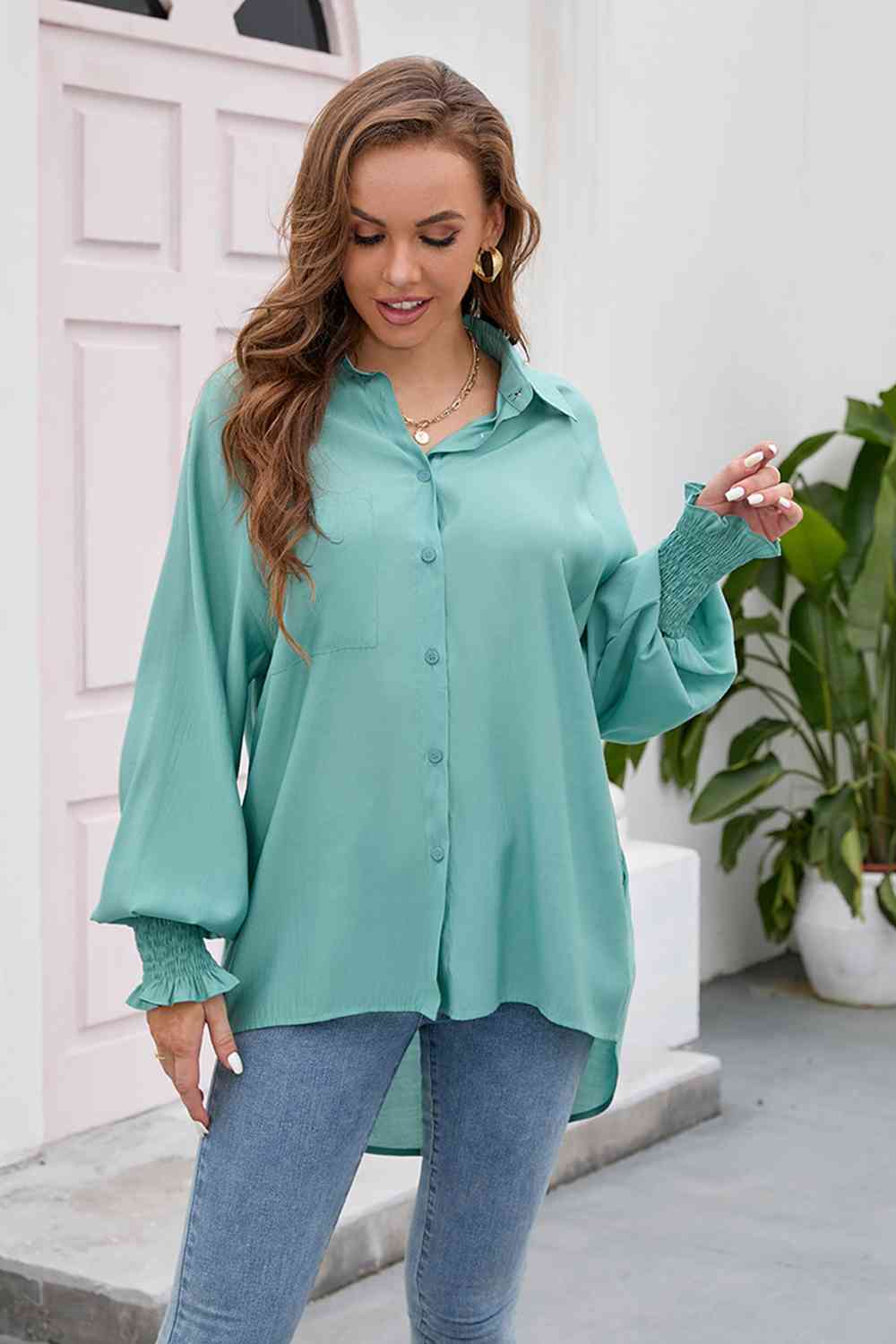 swvws High-Low Collared Neck Lantern Sleeve Shirt