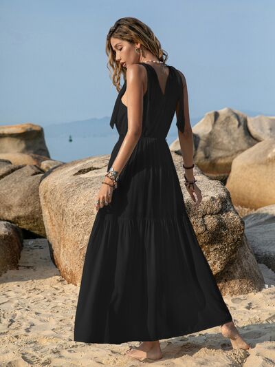 swvws V-Neck Tie Shoulder Crochet Maxi Dress