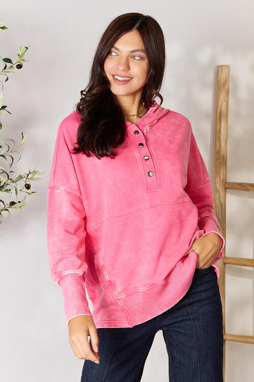 swvws Zenana Half Snap Long Sleeve Hoodie with Pockets