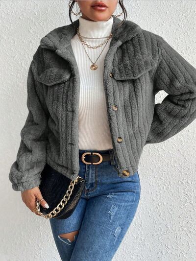 swvws Fuzzy Button Up Collared Neck Jacket