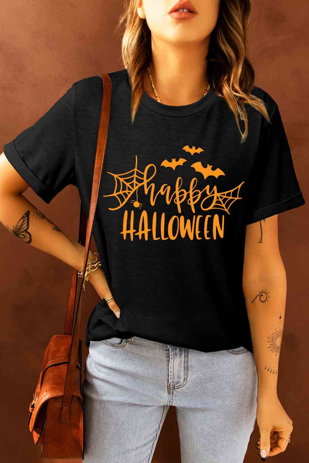 swvws Round Neck Short Sleeve HAPPY HALLOWEEN Graphic T-Shirt