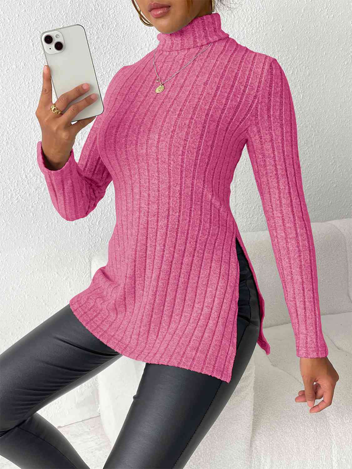 swvws Ribbed Turtleneck Long Sleeve Slit T-Shirt