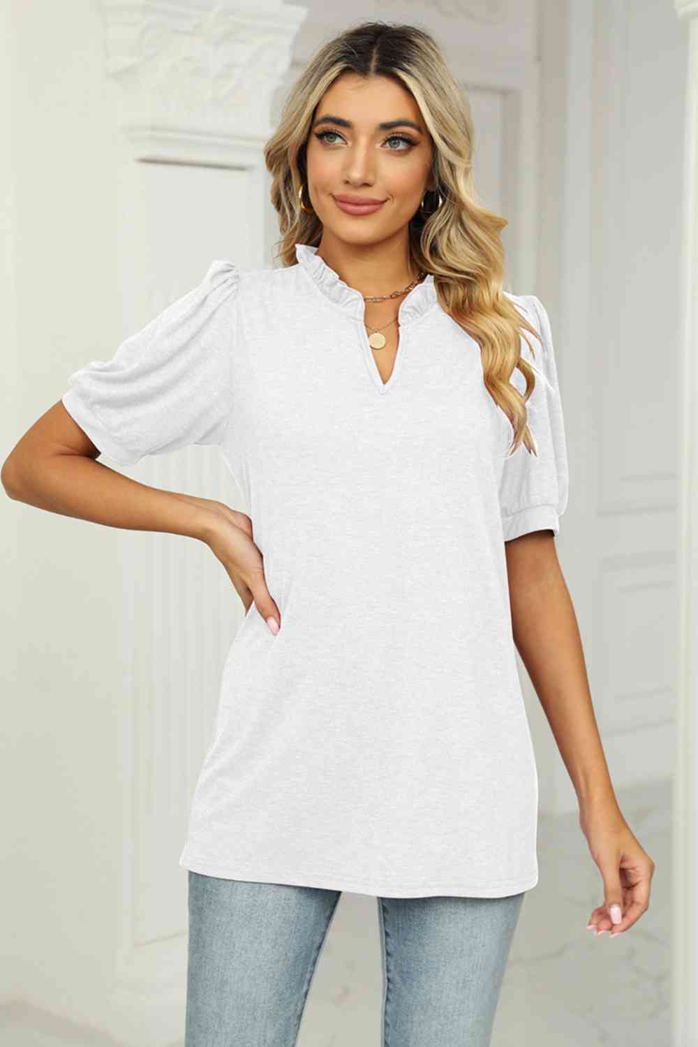 swvws Notched Neck Puff Sleeve T-Shirt