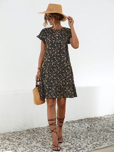 swvws Frill Floral Round Neck Short Sleeve Tiered Dress