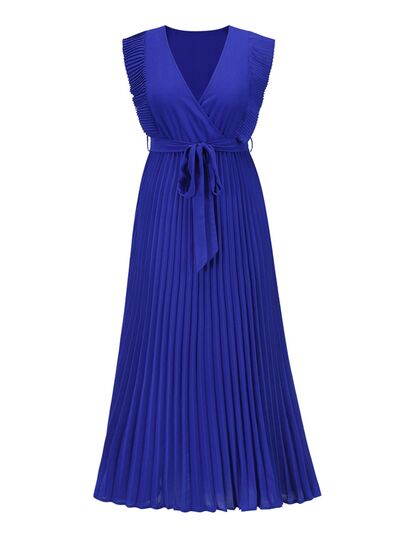 swvws Tied Surplice Cap Sleeve Pleated Dress