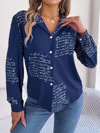 swvws Letter Printed Button Up Long Sleeve Blouse