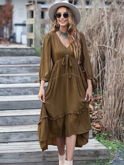 swvws Ruched Frill Long Sleeve Tiered Dress