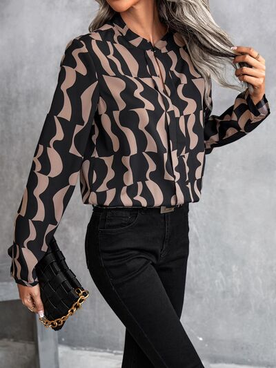 swvws Printed Notched Long Sleeve Blouse