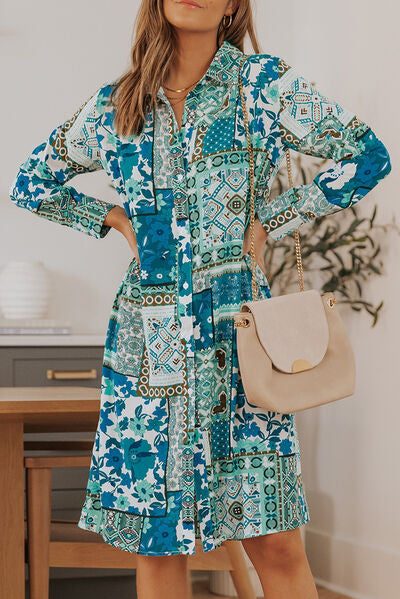 swvws Printed Button Up Long Sleeve Shirt Dress