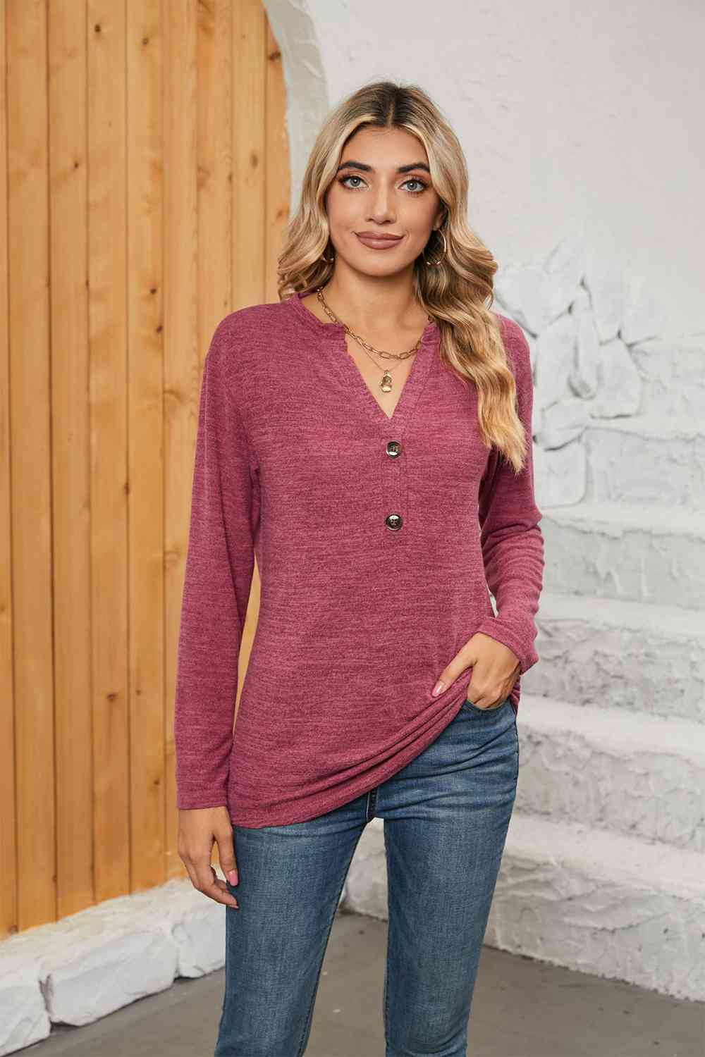 swvws Notched Neck Long Sleeve T-Shirt