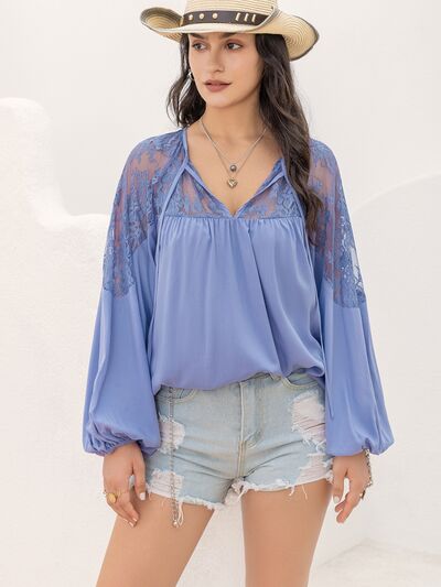 swvws Lace Detail Tie Neck Balloon Sleeve Blouse