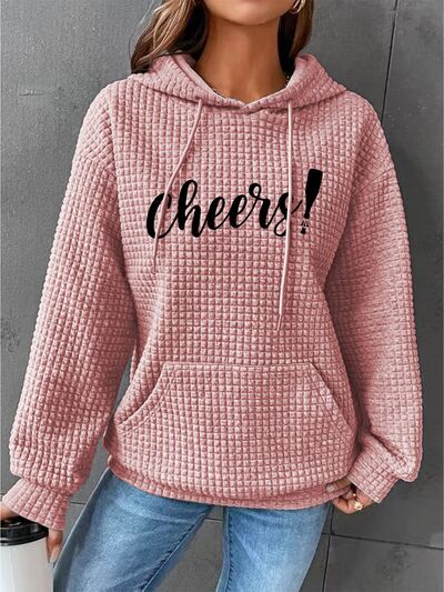 swvws Full Size CHEERS Waffle-Knit Drawstring Hoodie