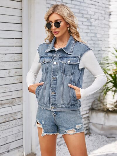 swvws Button Up Cap Sleeve Denim Jacket