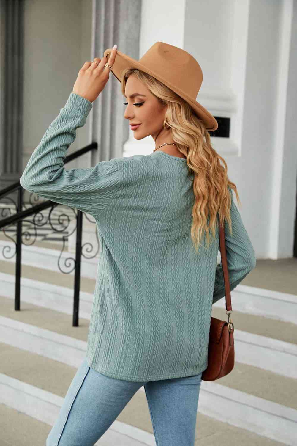 swvws Decorative Button V-Neck Long Sleeve T-Shirt