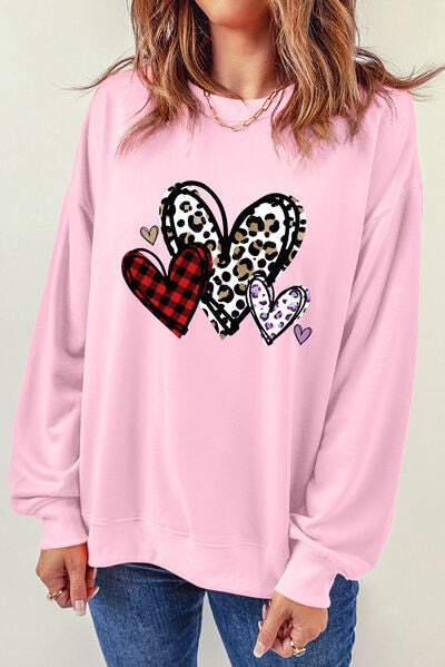 swvws Heart Round Neck Dropped Shoulder Sweatshirt