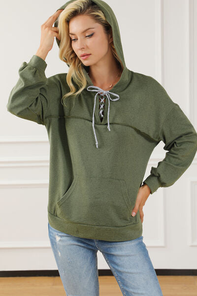 swvws Lace-Up Exposed Seam Hoodie with Pocket