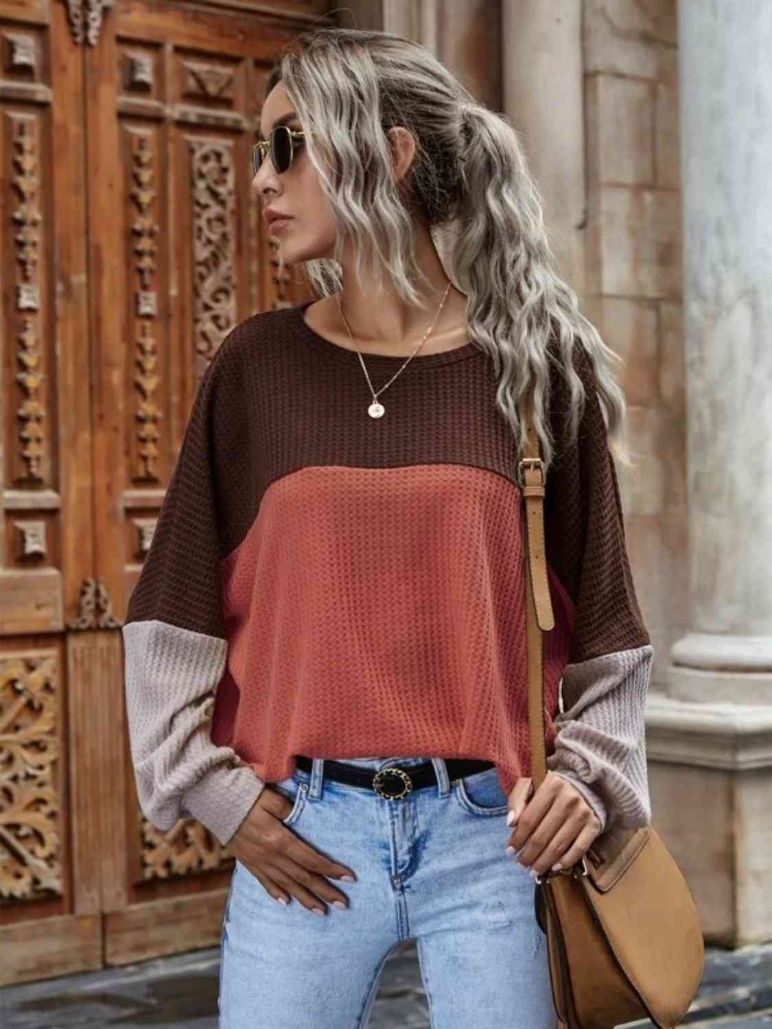 swvws Color Block Waffle-Knit Long Sleeve Top