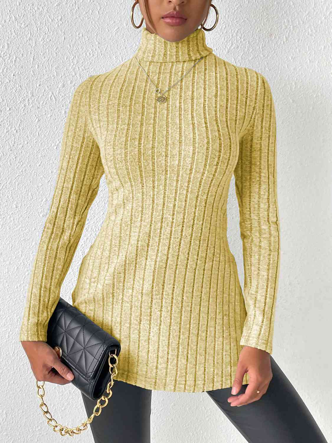 swvws Ribbed Turtleneck Long Sleeve Slit T-Shirt