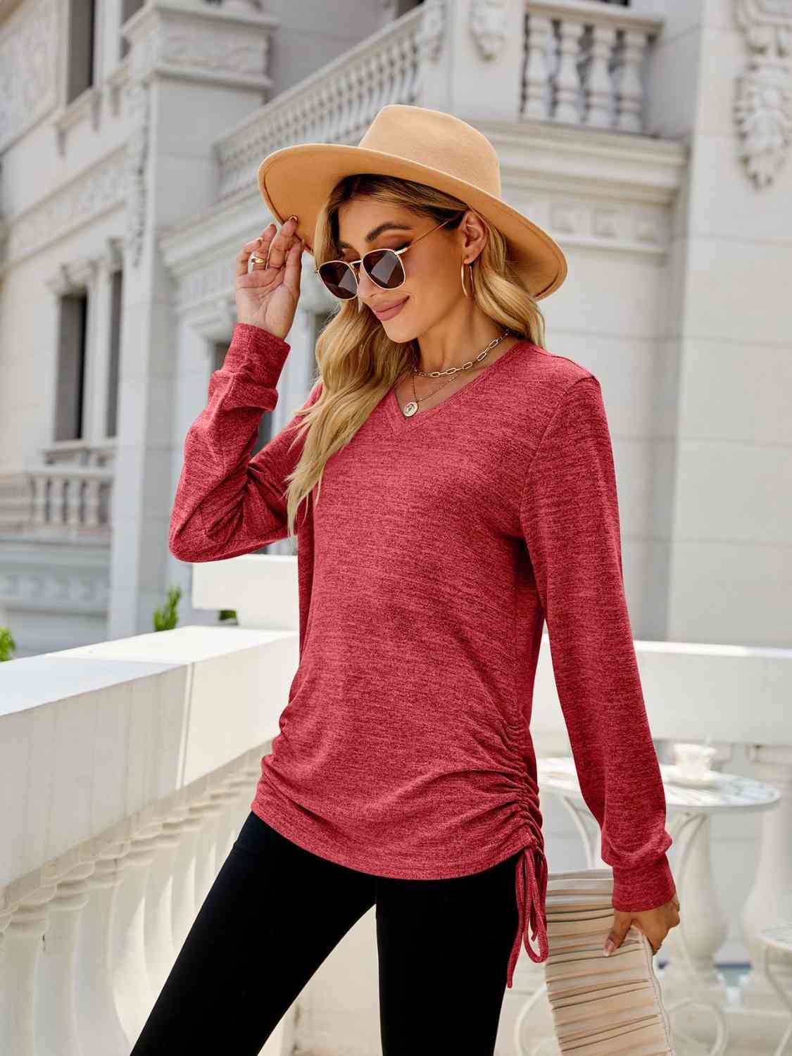 swvws Drawstring V-Neck Long Sleeve T-Shirt