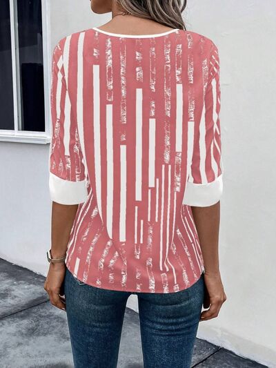 swvws Striped Notched Half Sleeve Blouse