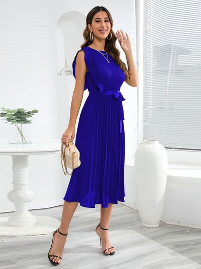 swvws Tied Round Neck Pleated Midi Dress