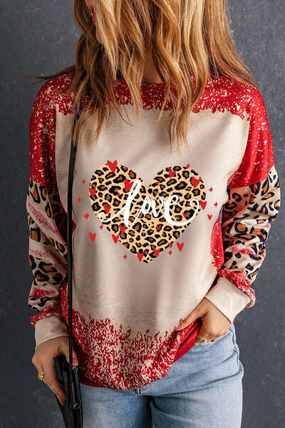 swvws LOVE Heart Leopard Round Neck Sweatshirt