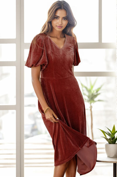 swvws V-Neck Balloon Sleeve Midi Dress