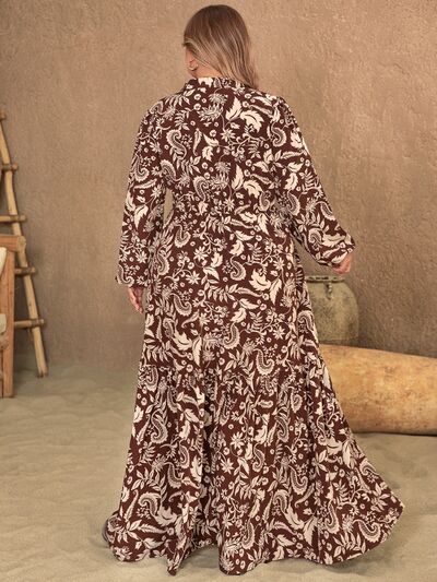 swvws Plus Size Notched Balloon Sleeve Printed Maxi Dress