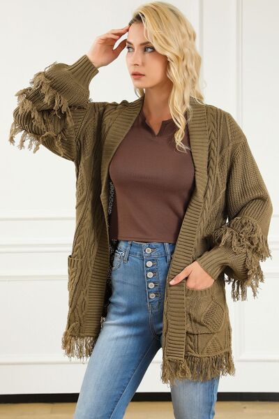 swvws Cable-Knit Fringe Pocketed Cardigan