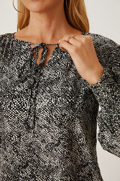 swvws Printed Tie Neck Lantern Sleeve Blouse