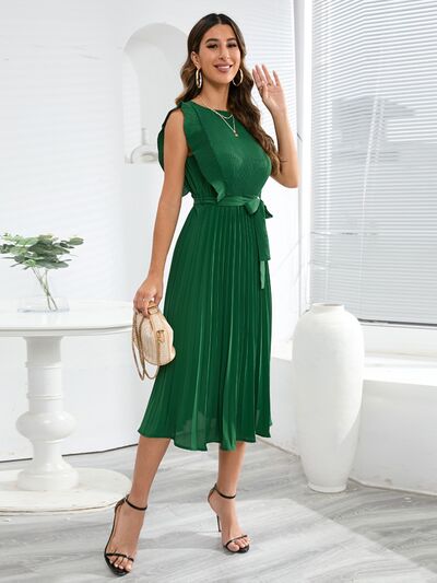 swvws Tied Round Neck Pleated Midi Dress