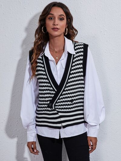 swvws Striped Button Up V-Neck Sweater Vest