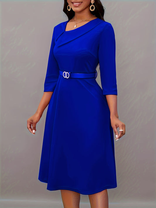 Stunning Asymmetrical A-Line Dress - Elegant Women's Dresses for Spring & Fall with 3/4 Sleeves, Solid Colors, and Chic Style - Perfect for Everyday Wear, Work, or Special Occasions