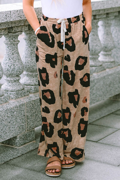 swvws Leopard Drawstring Wide Leg Pants with Pockets