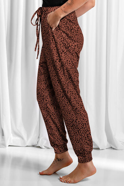 swvws Full Size Leopard Drawstring Pocketed Pants