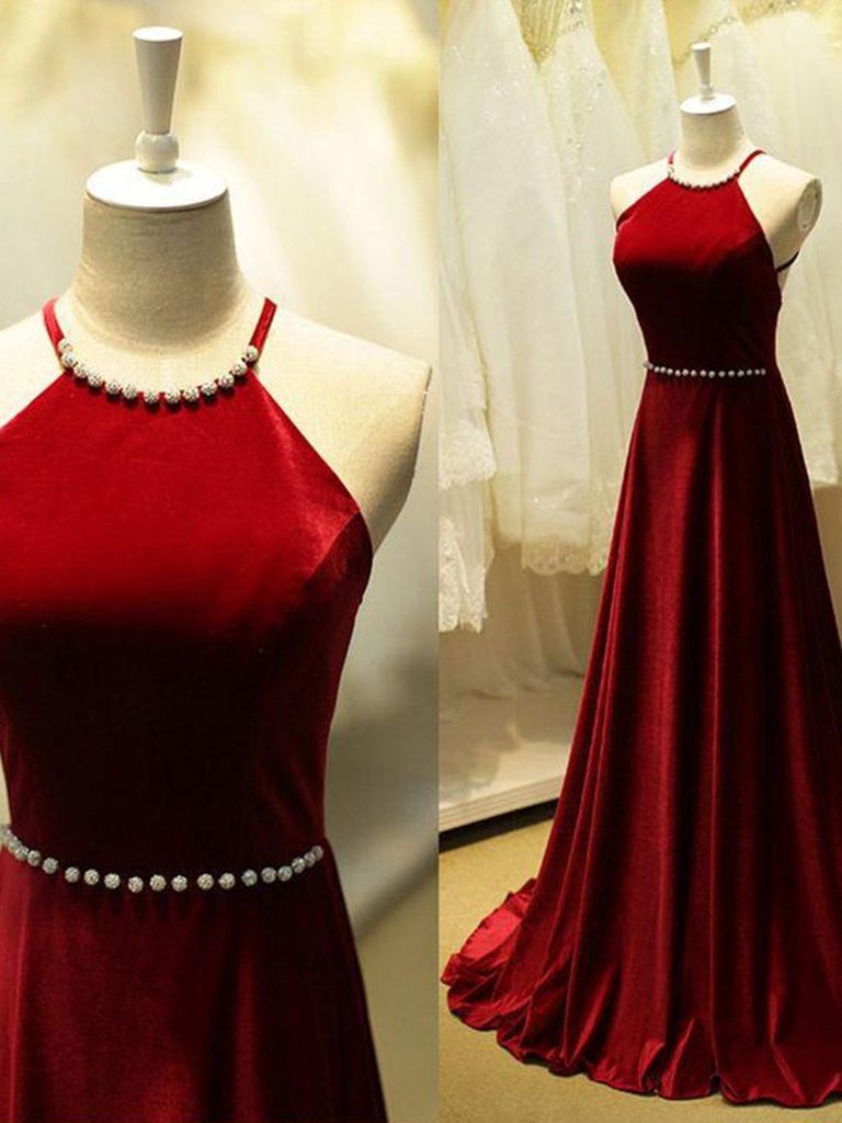 Tmallworld A-Line Halter Sleeveless Cross Back Velvet Long Red Gown, Red Formal Dress