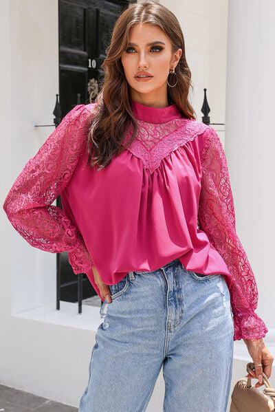 swvws Lace Detail Mock Neck Flounce Sleeve Blouse