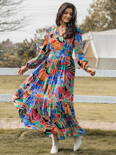 swvws Printed Smocked Tie Neck Balloon Sleeve Maxi Dress