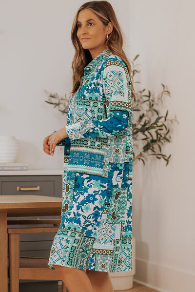 swvws Printed Button Up Long Sleeve Shirt Dress