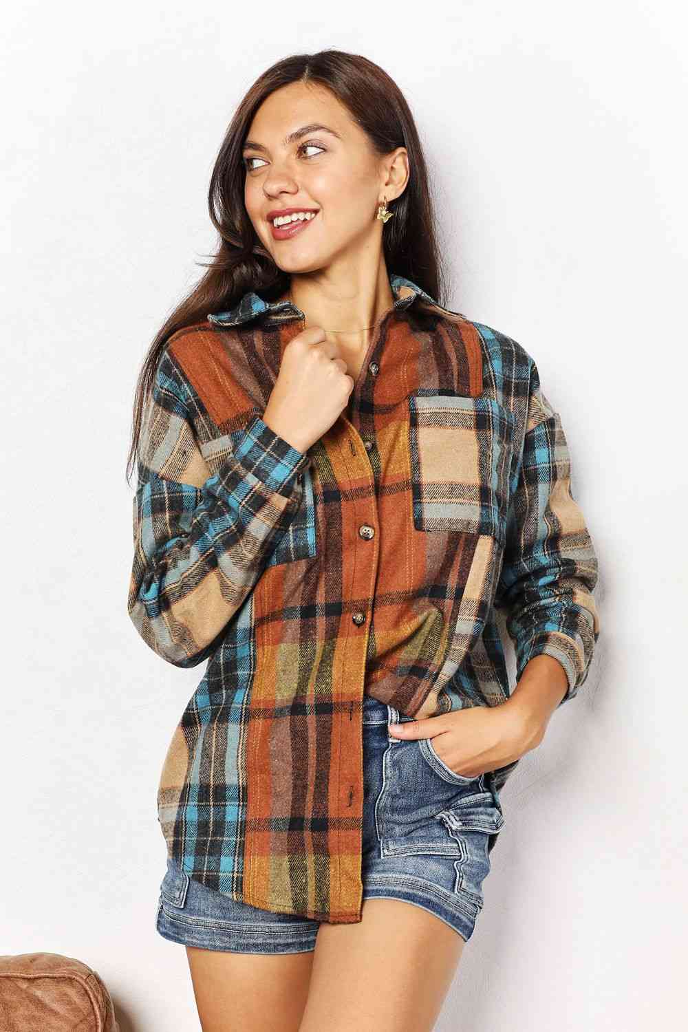 swvws Double Take Plaid Curved Hem Shirt Jacket with Breast Pockets