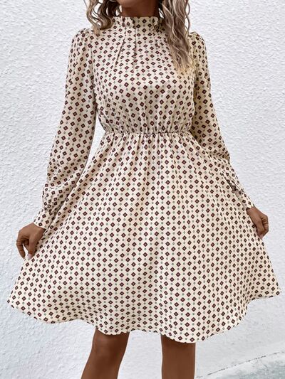 swvws Printed Ruched Mock Neck Long Sleeve Dress