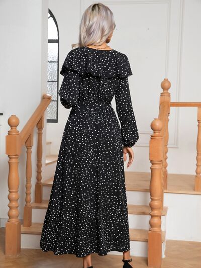 swvws Polka Dot Tie Front Long Sleeve Slit Dress