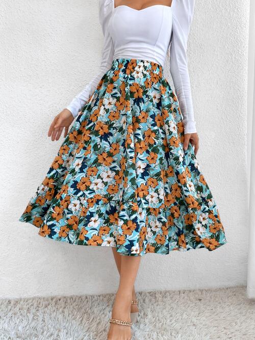 swvws Printed Ruffle Hem Midi Skirt