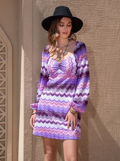 swvws Printed Sweetheart Neck Balloon Sleeve Dress