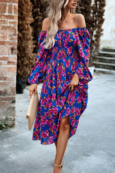 swvws Printed Balloon Sleeve Pocketed Midi Dress