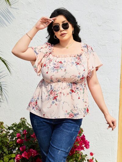 swvws Plus Size Frill Printed Flutter Sleeve Blouse